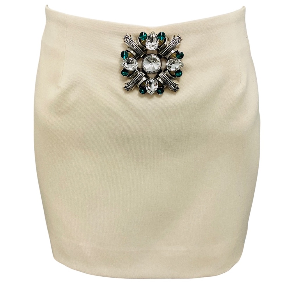 AREA CREAM CRYSTAL EMBELLISHED WOOL TWILL MINI SKIRT